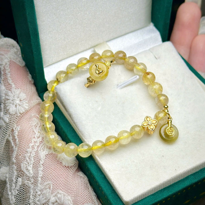 Combo Nhẫn Điếu + Vòng Thạch Anh Tóc Vàng 6mm Charm Vàng