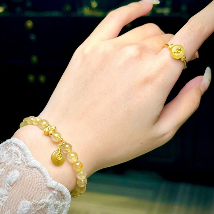 Combo Nhẫn Điếu + Vòng Thạch Anh Tóc Vàng 6mm Charm Vàng