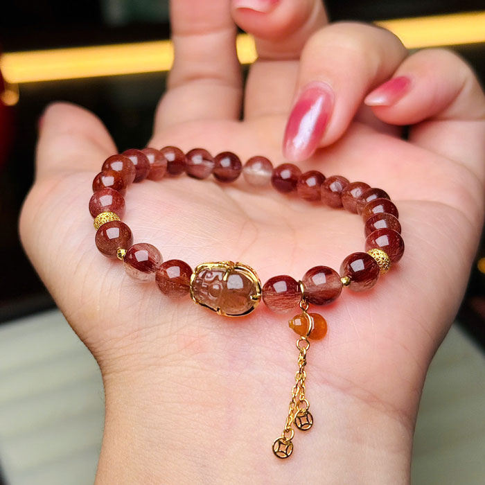 Vòng Tay Thạch Anh Tóc Đỏ 6mm Mix Tỳ Hưu Bọc Vàng 10k & Charm Vàng 18k
