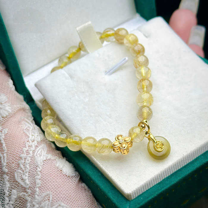 Vòng Tay Thạch Anh Tóc Vàng 6mm Charm Vàng