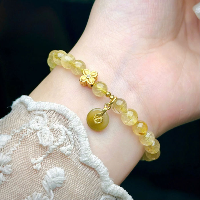 Combo Nhẫn Điếu + Vòng Thạch Anh Tóc Vàng 6mm Charm Vàng