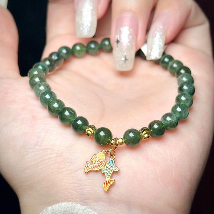 Vòng Thạch Anh Tóc Xanh 6mm Mix Charm Bạc Si Vàng