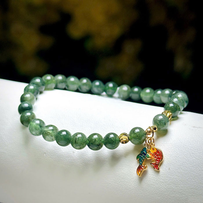 Vòng Thạch Anh Tóc Xanh 6mm Mix Charm Bạc Si Vàng