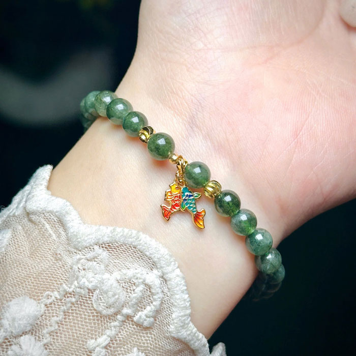Vòng Thạch Anh Tóc Xanh 6mm Mix Charm Bạc Si Vàng