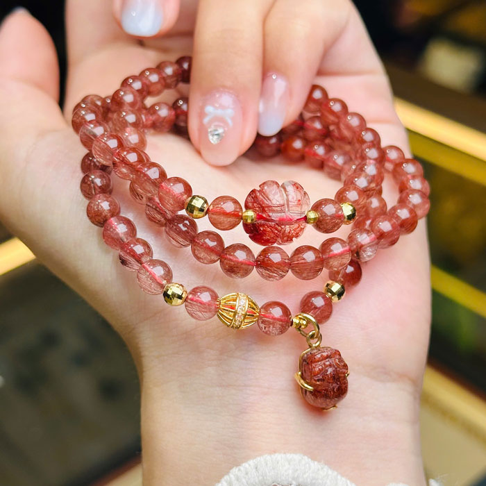 Vòng Đá Thạch Anh Tóc Đỏ 6mm Mix Charm Vàng 18k