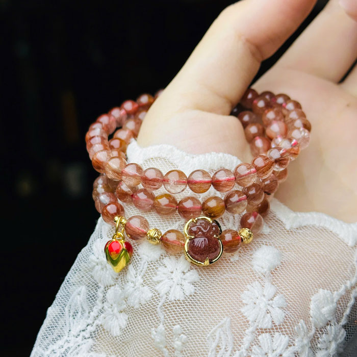 Vòng Đá Thạch Anh Tóc Đỏ 6mm Mix Túi Tiền Bọc Vàng 10k, Charm Vàng 24k