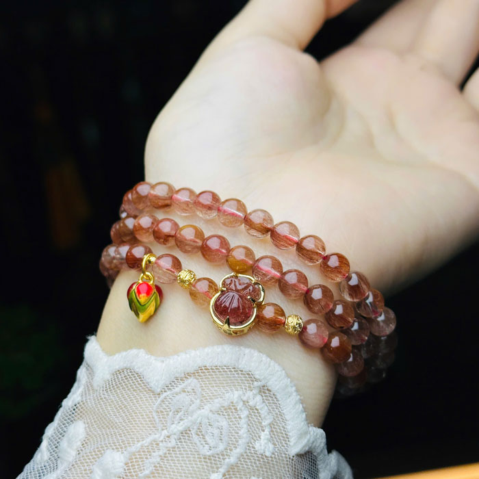 Vòng Đá Thạch Anh Tóc Đỏ 6mm Mix Túi Tiền Bọc Vàng 10k, Charm Vàng 24k