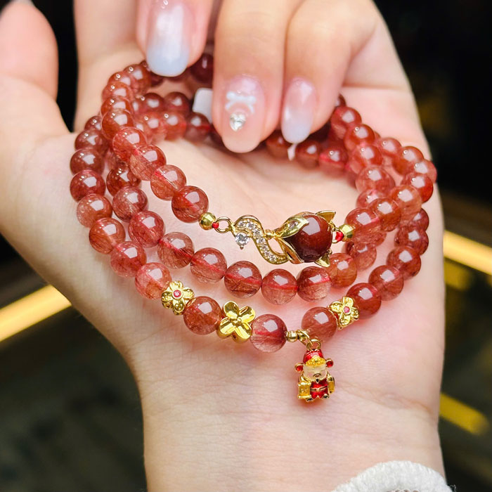 Vòng Đá Thạch Anh Tóc Đỏ 6,5mm Mix Hồ Ly Charm Vàng 18k