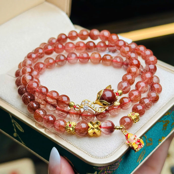 Vòng Đá Thạch Anh Tóc Đỏ 6,5mm Mix Hồ Ly Charm Vàng 18k