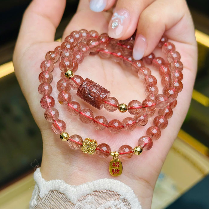 Vòng Đá Thạch Anh Tóc Đỏ 6,5mm Mix Lu Thống Charm Vàng 18k