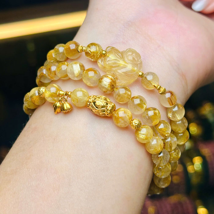 Vòng Thạch Anh Tóc Vàng 6,5mm Mix Hồ Ly Charm Vàng 18k