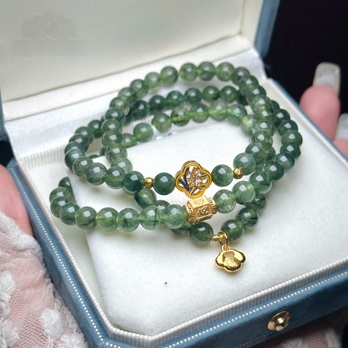 Vòng Thạch Anh Tóc Xanh 6mm Charm Bạc Si Vàng