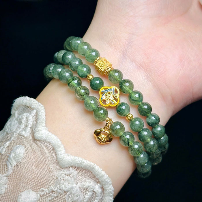 Vòng Thạch Anh Tóc Xanh 6mm Charm Bạc Si Vàng