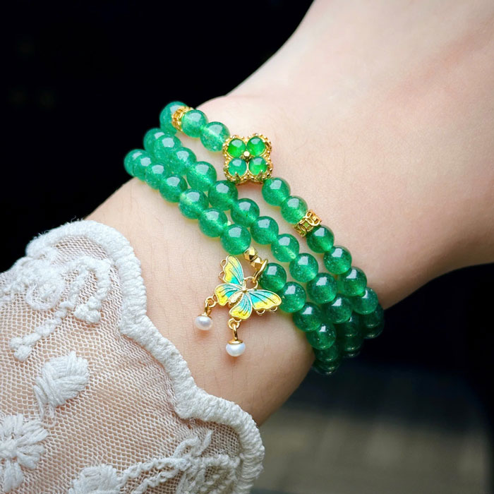 Vòng Thạch Anh Dâu Tây Xanh 5,5mm Mix Charm Bạc Si Vàng
