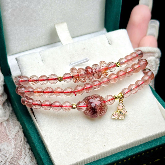 Vòng Đá Thạch Anh Tóc Đỏ 4mm Mix Charm Bạc Si Vàng